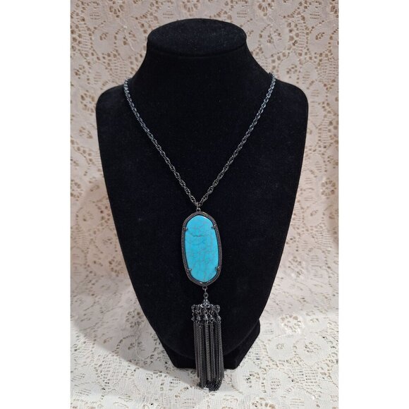 EUC Kendra Scott Rayne Long Pendant Necklace With Turquoise Stone & Tassel - Picture 1 of 9